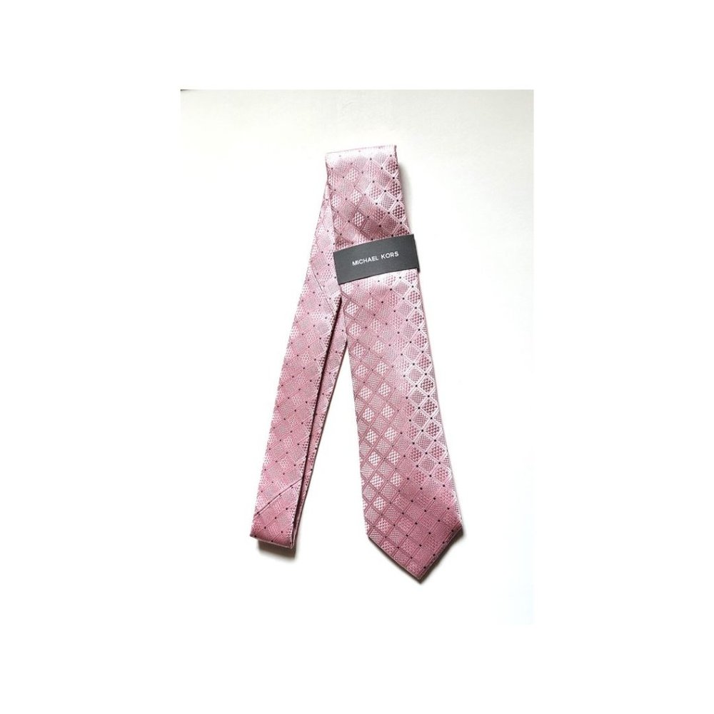 NWT MK Michael Kors Men's Long Slim Slender Tie 100% Silk Pink Check Pattern